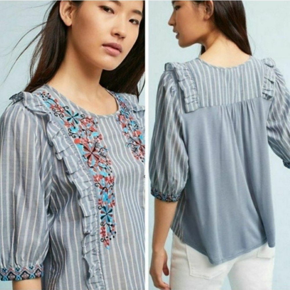 Anthropologie one September striped embroidered ruffle blouse sz XS